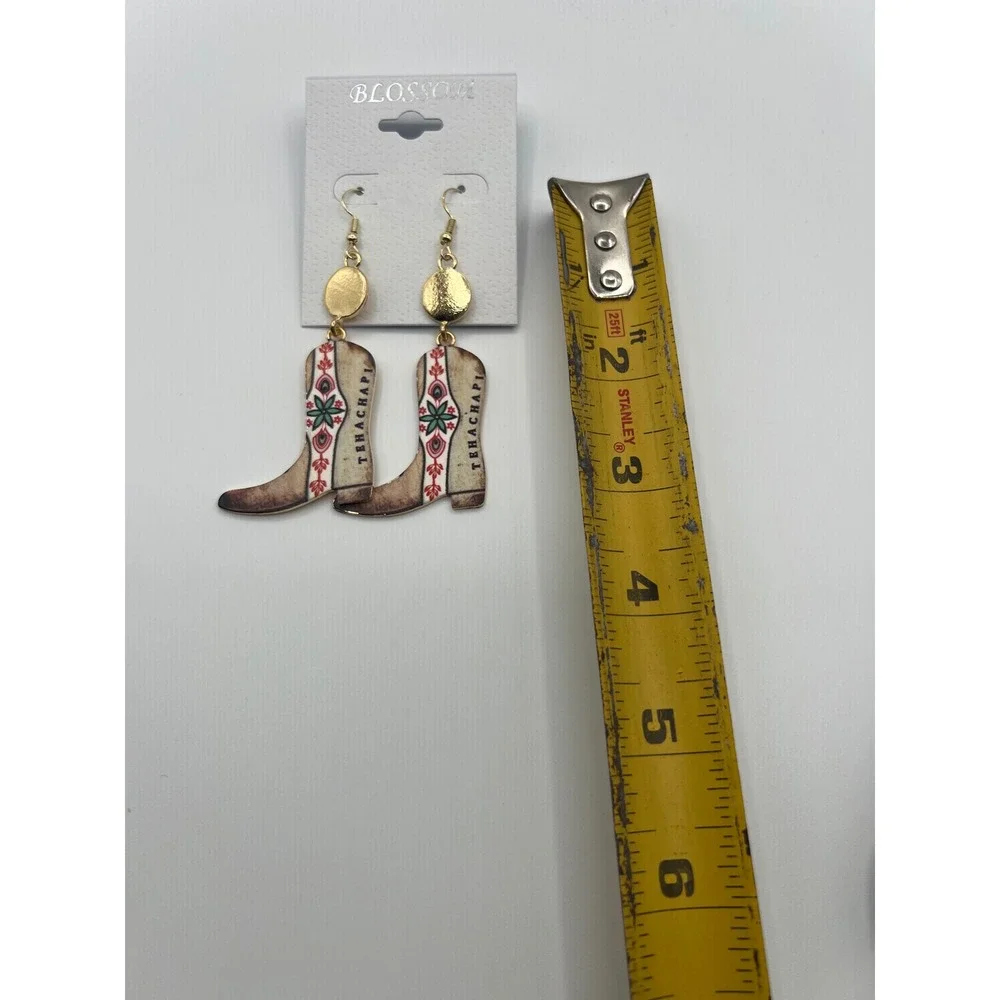 Blossom Tehachapi Cowboy Boot Drop Earrings Gold Tone Western Boho Dangle NEW